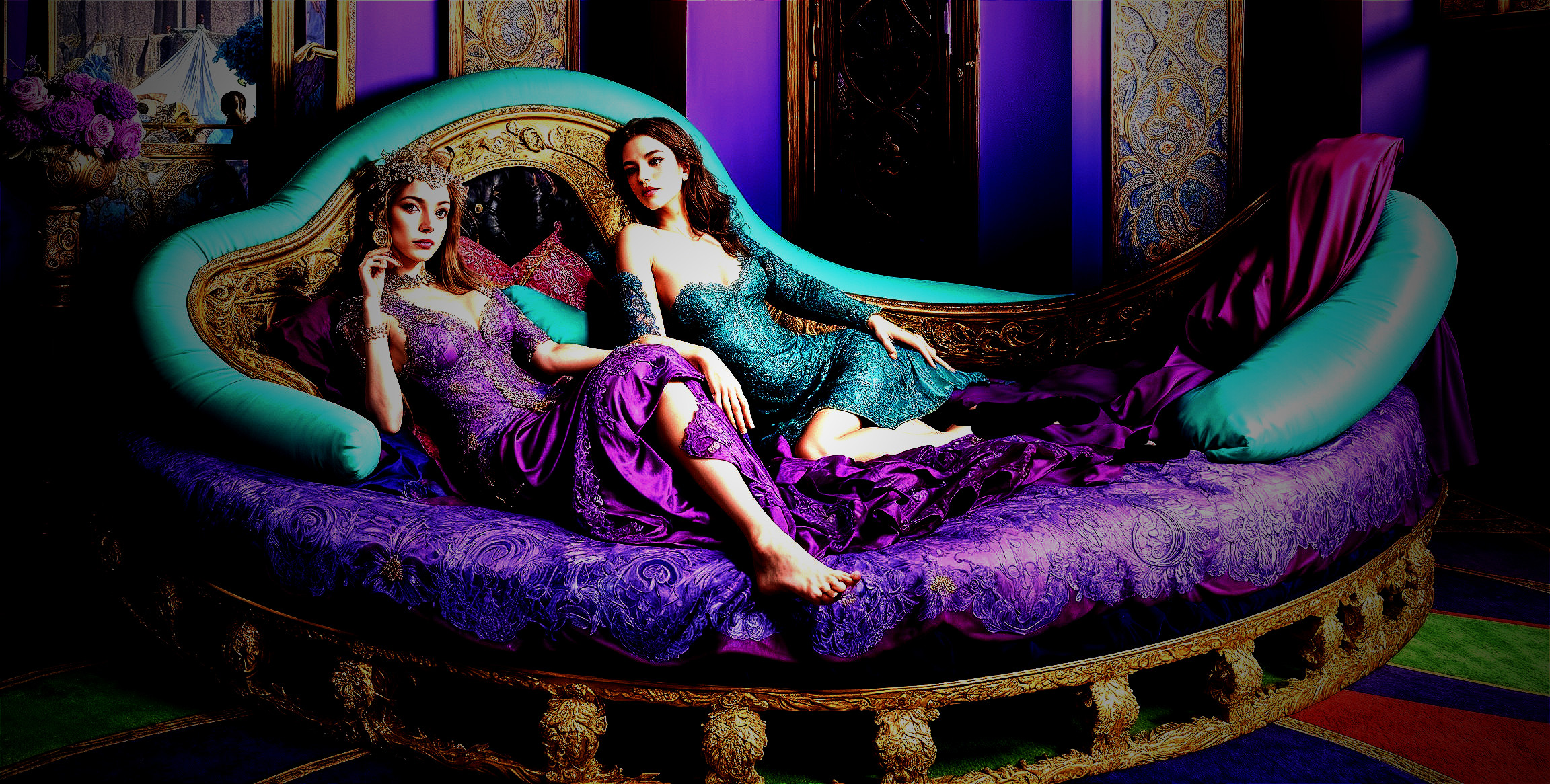 Elegantly Dressed Women on Opulent Couch Setting