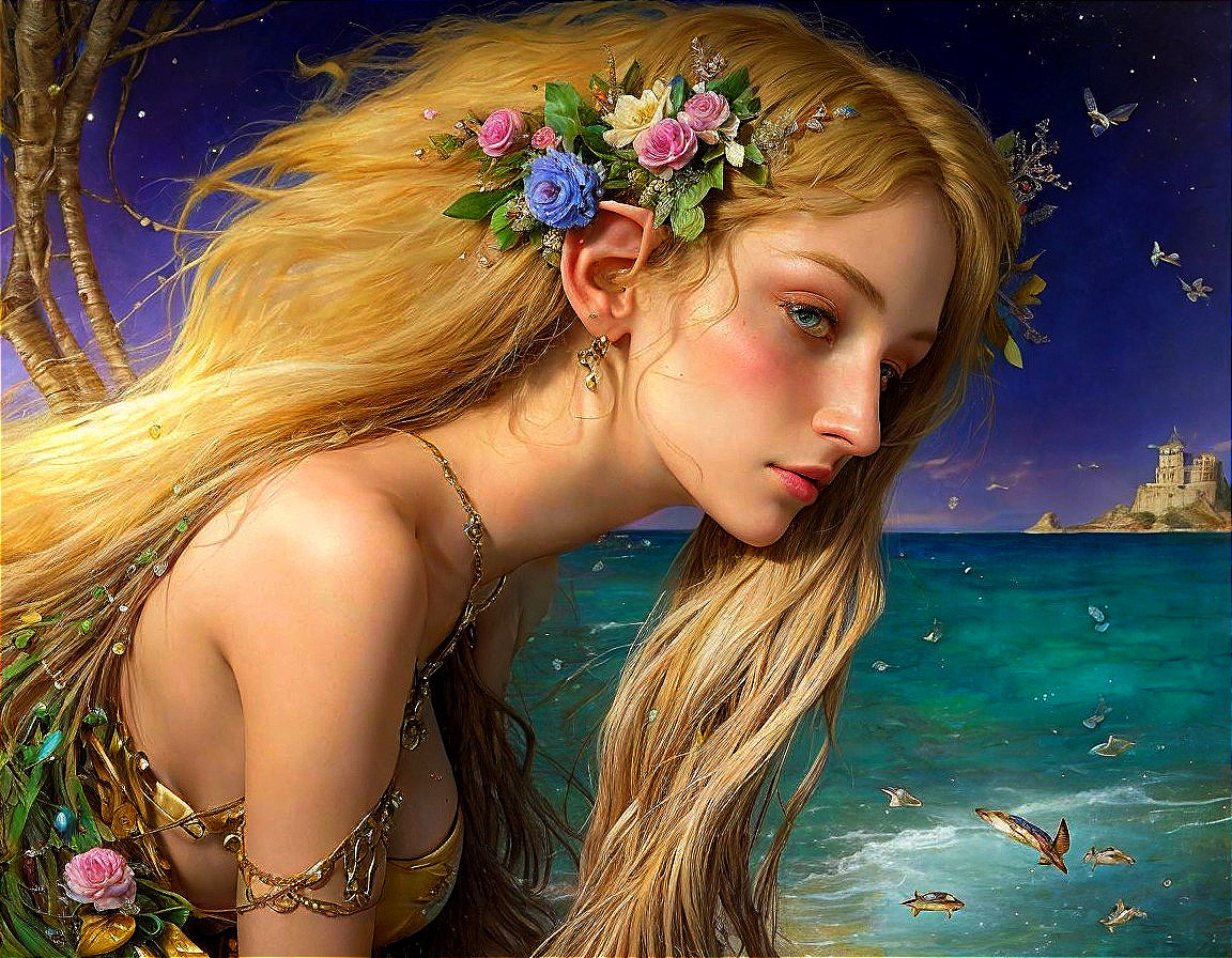 Ethereal figure by tranquil sea with fantasy backdrop