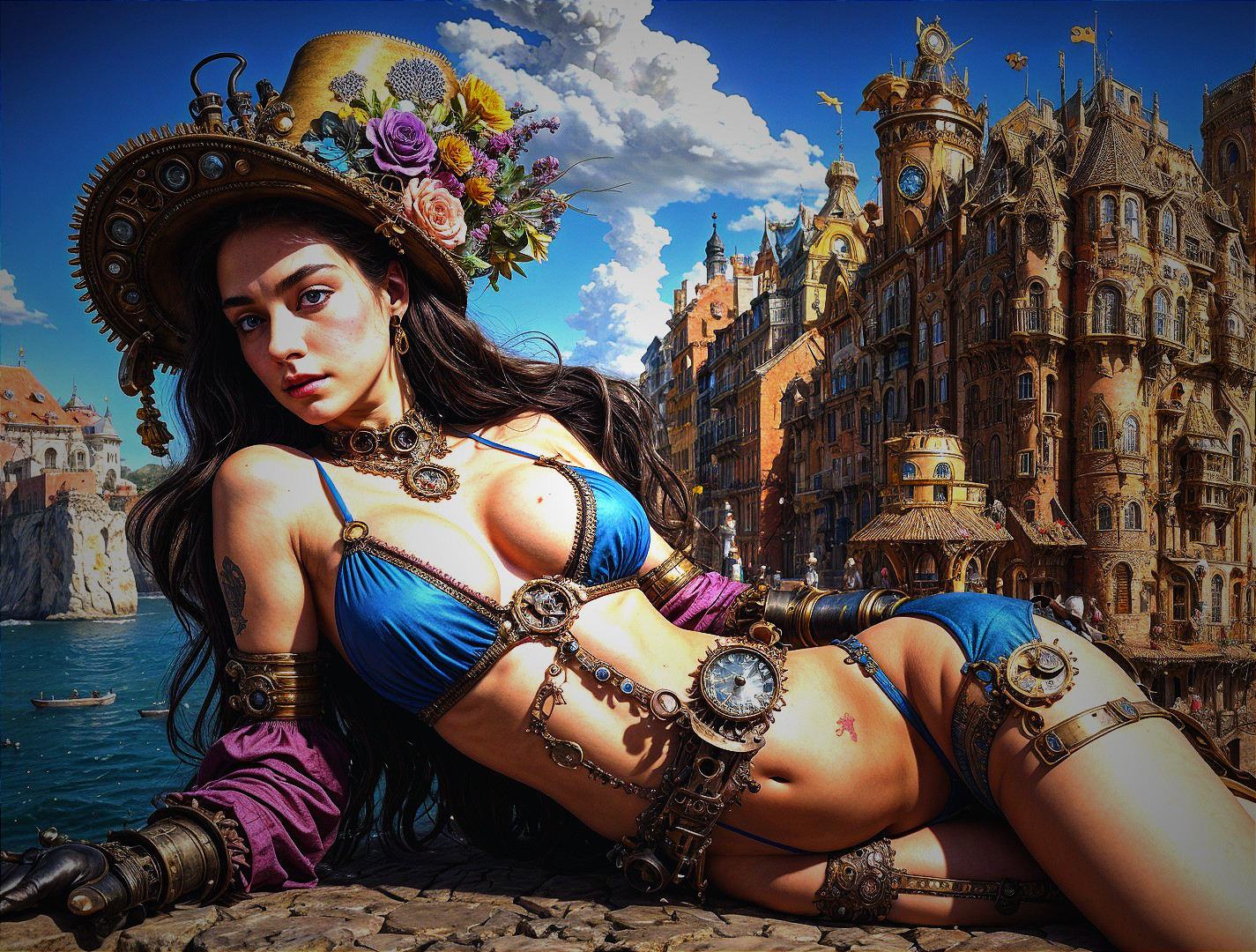 Steampunk Scene with Figure by Water in Blue Bikini