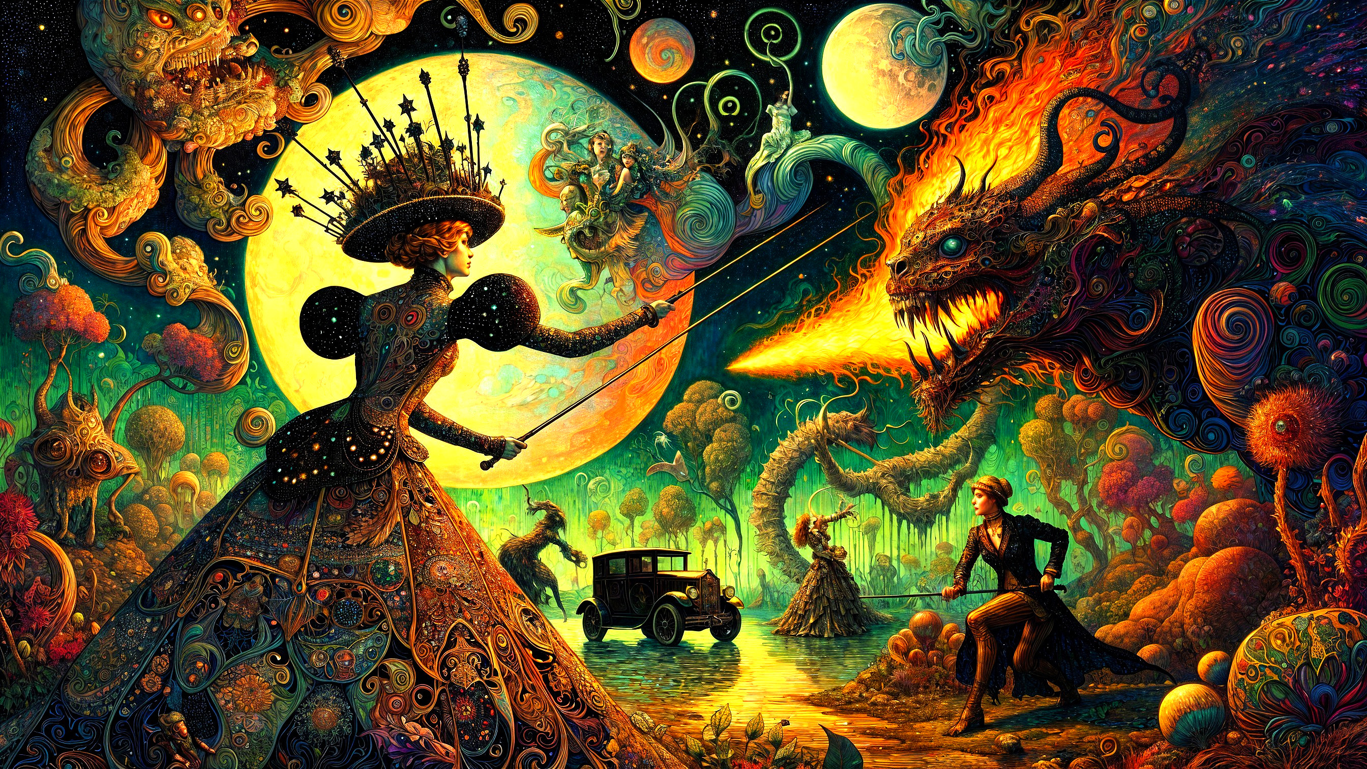 Surreal Scene with Dragon and Majestic Figure