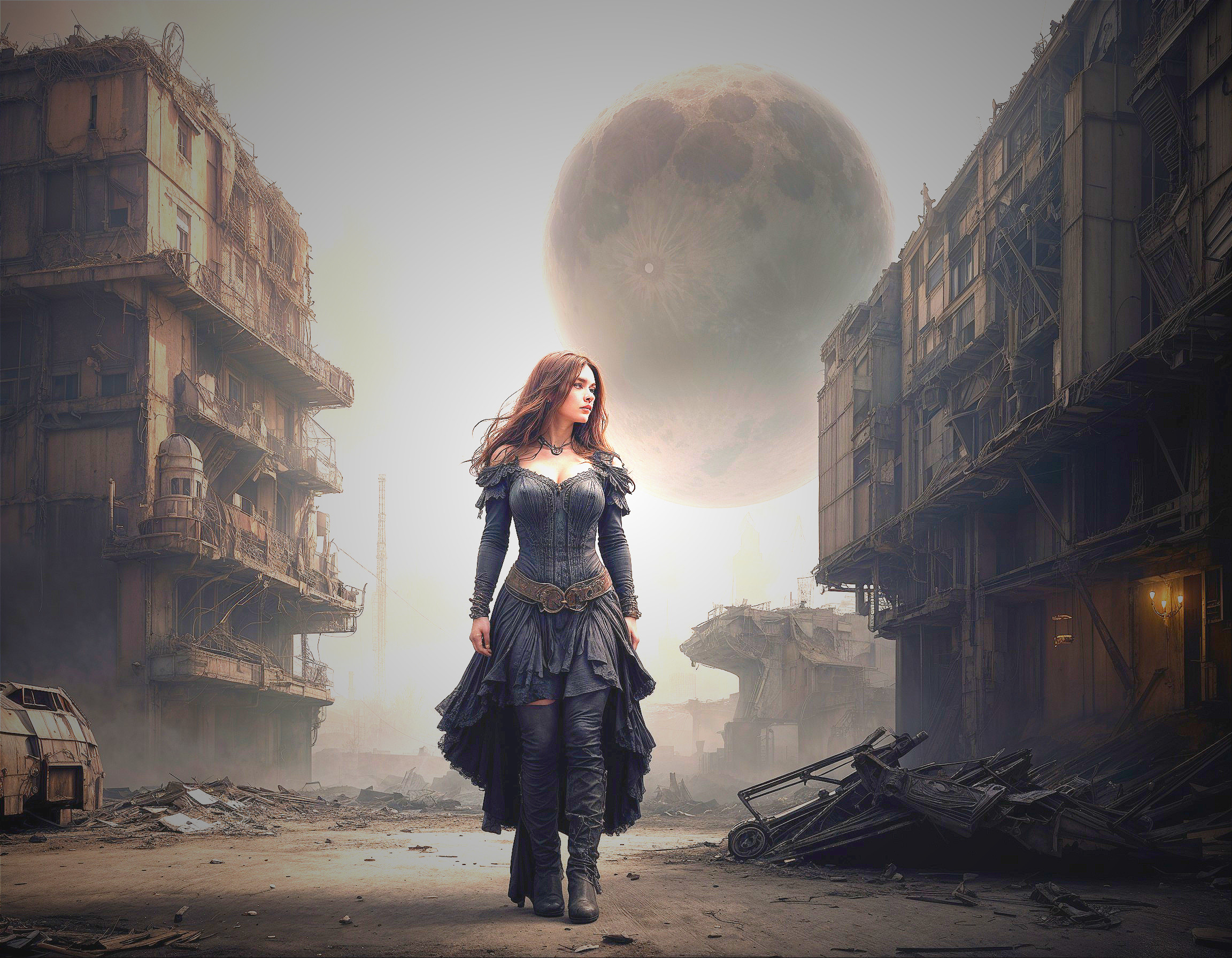 Dystopian Landscape with Fierce Female Figure and Moon