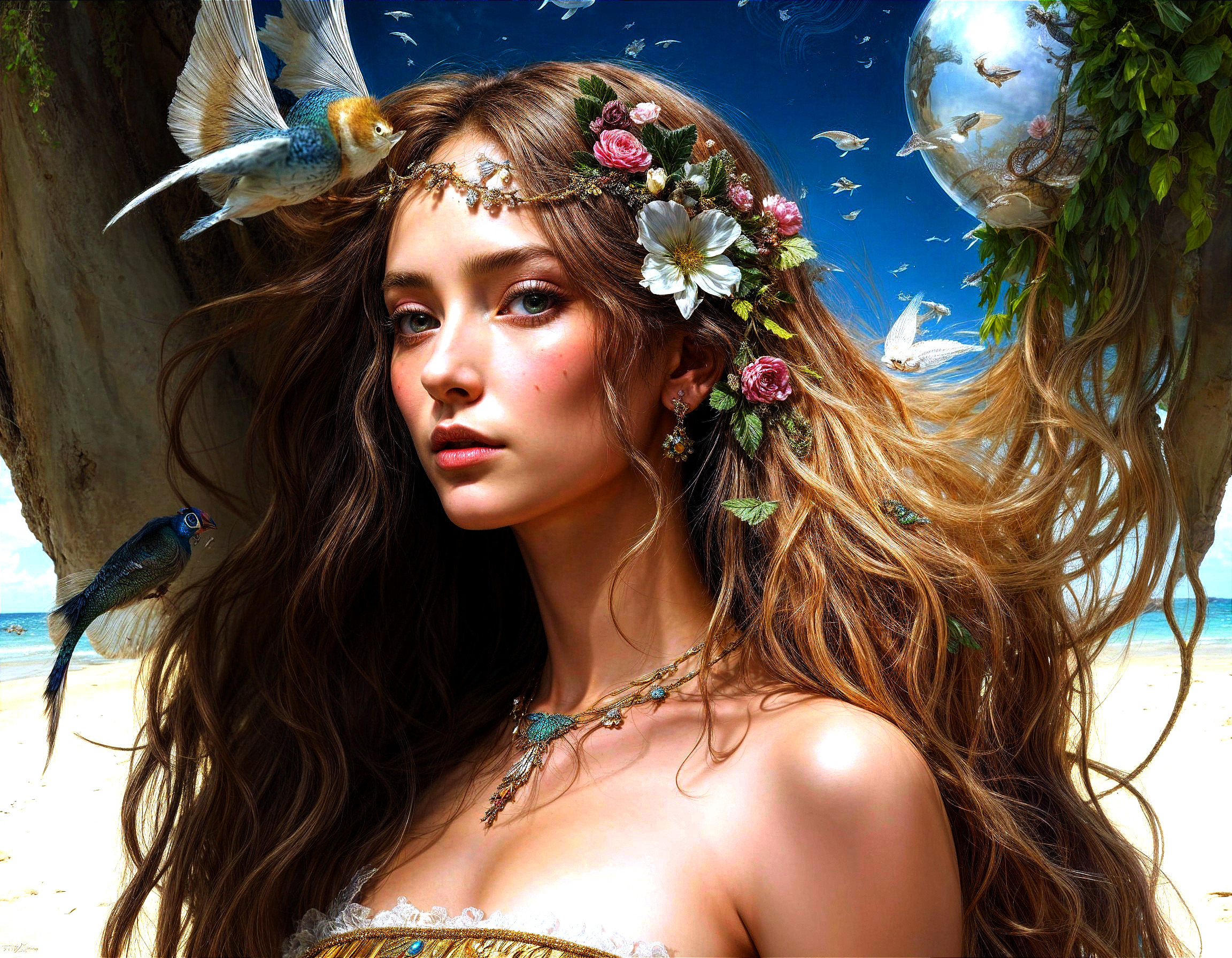 Serene Woman with Flowers in Enchanting Beach Scene