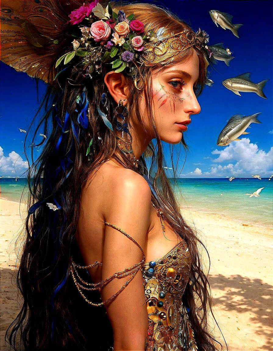 Mystical Figure in Golden Garment by Serene Beach