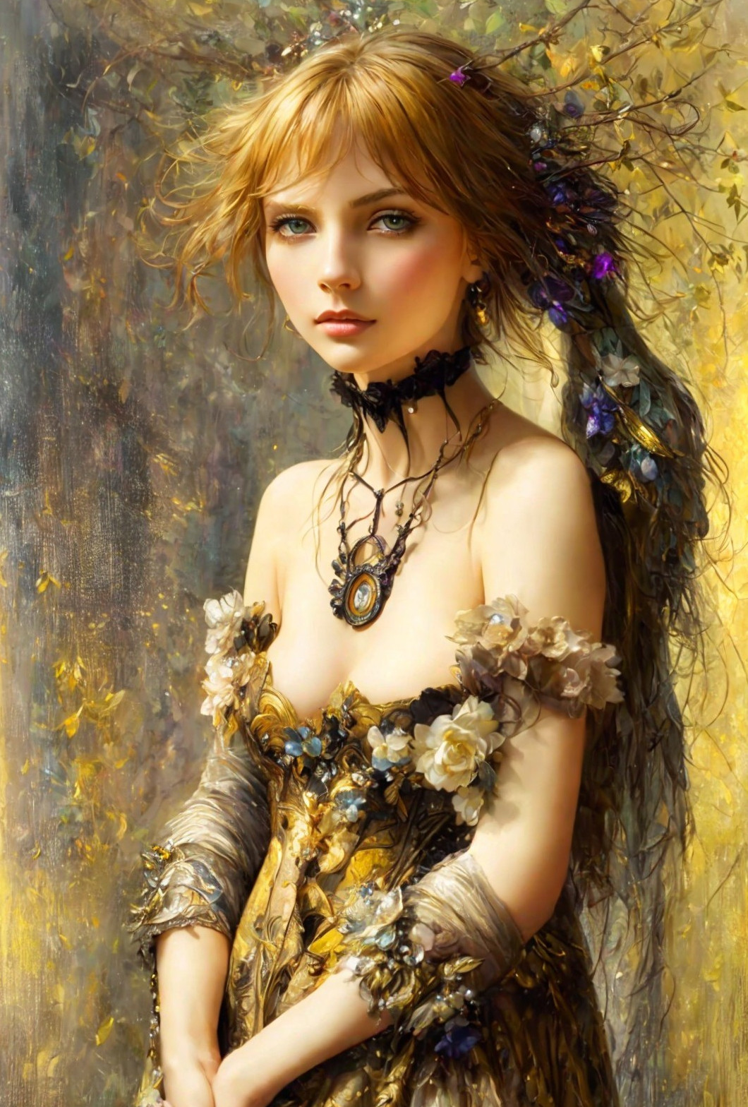 Young woman in floral gown with golden hair and pendant