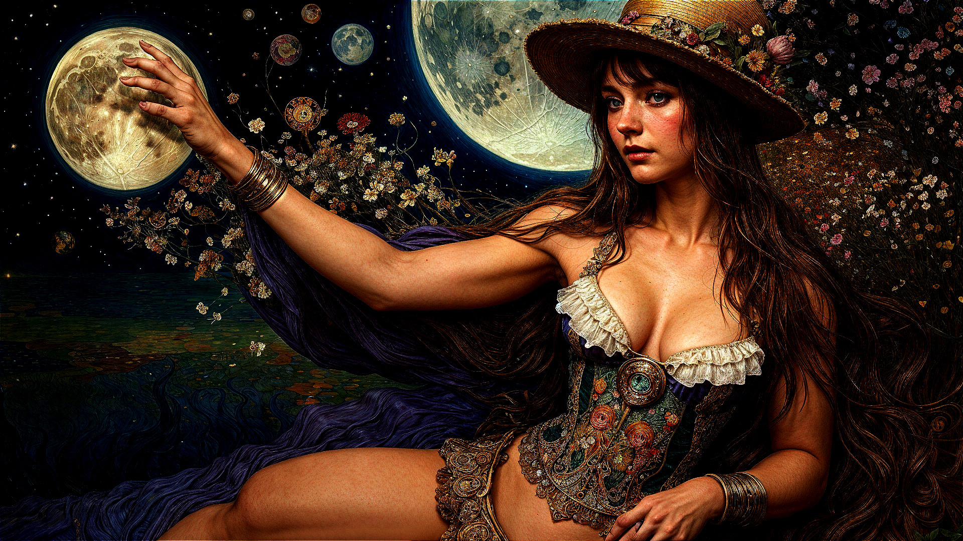 Woman in corset poses with two glowing moons