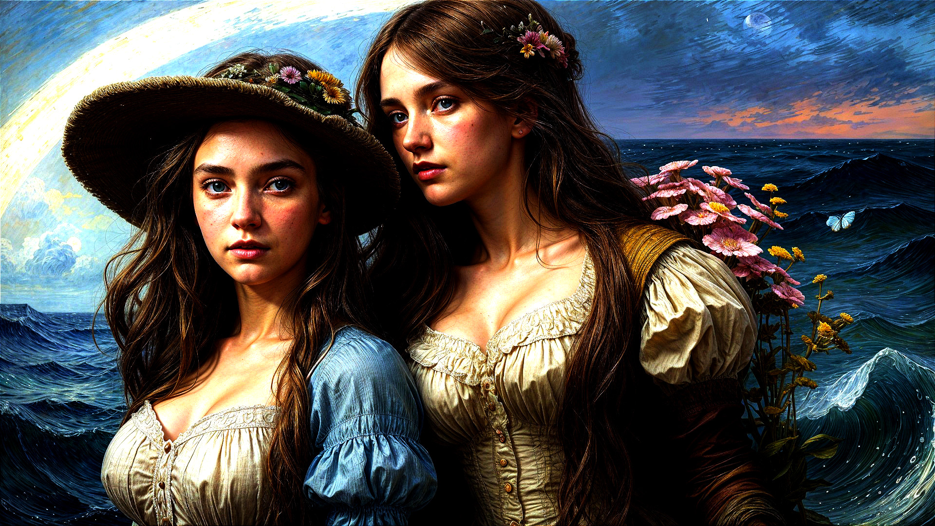 Young Women in Period Dresses by Ocean Waves