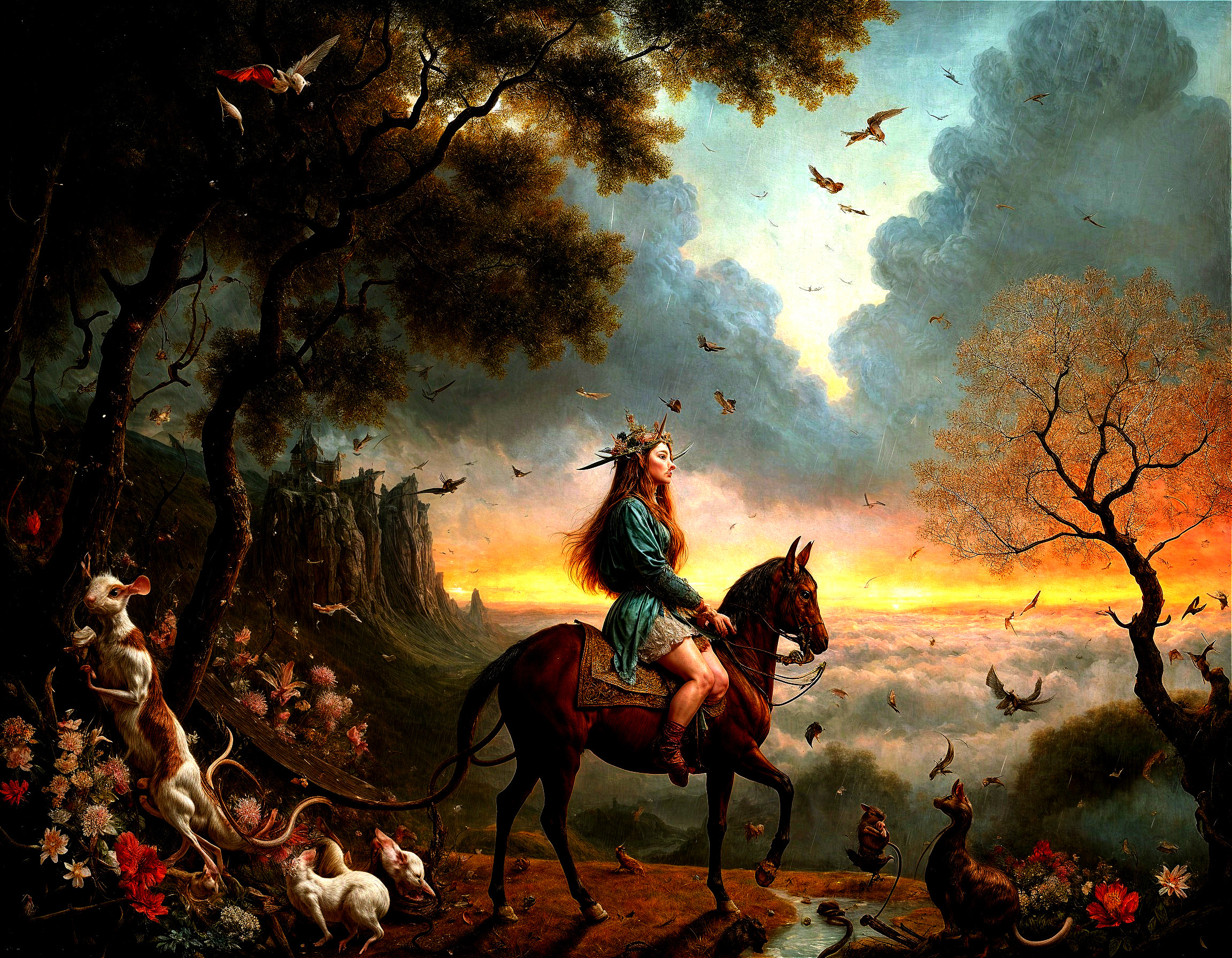 Mystical Rider on Horse in Vibrant Natural Landscape