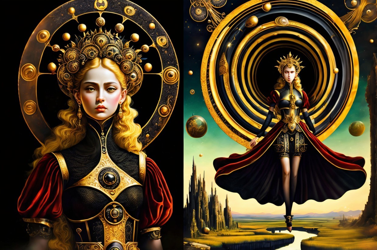 Majestic Woman in Golden Attire Against Cosmic Backdrop