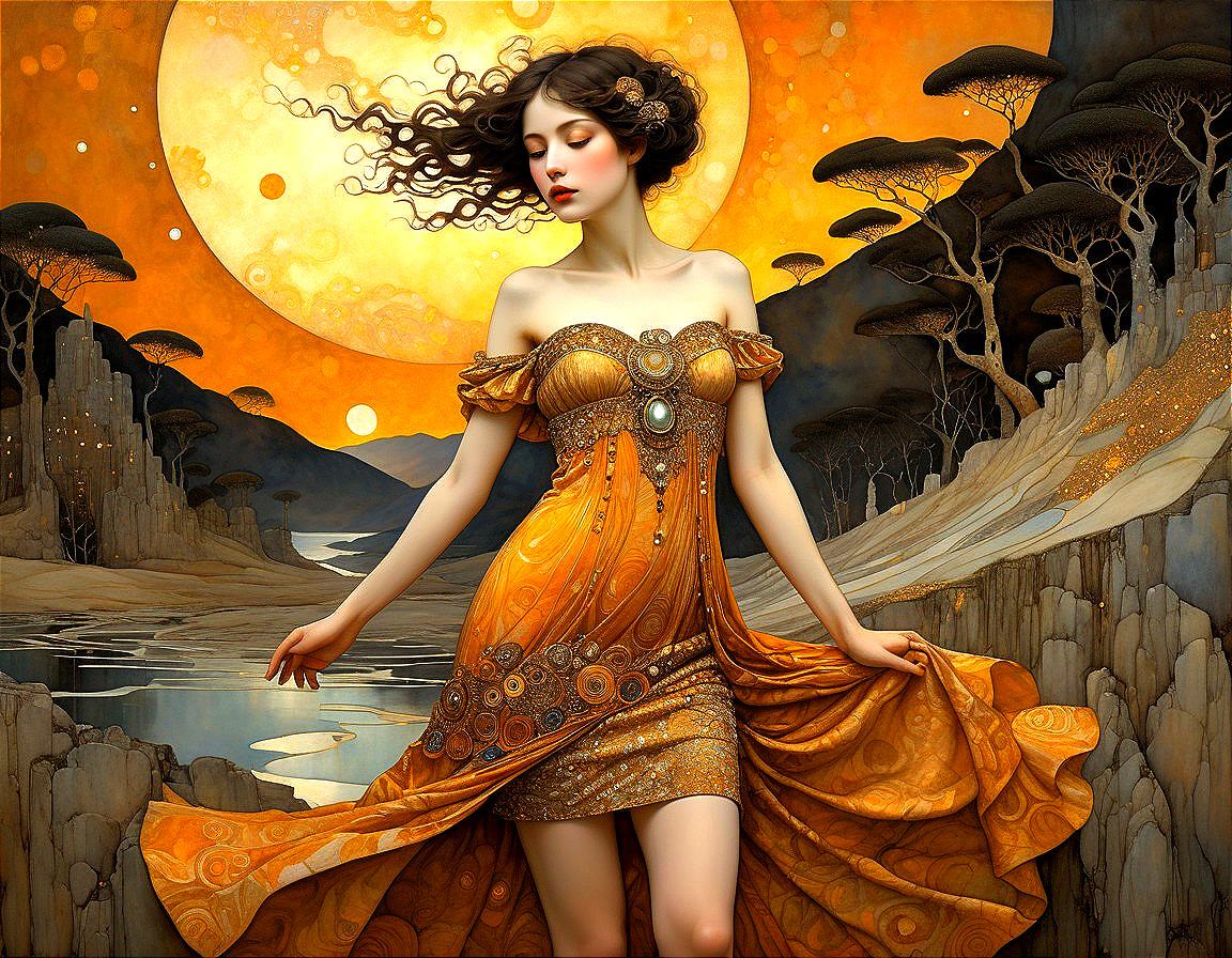 Woman in Orange Dress by Moonlit River Landscape