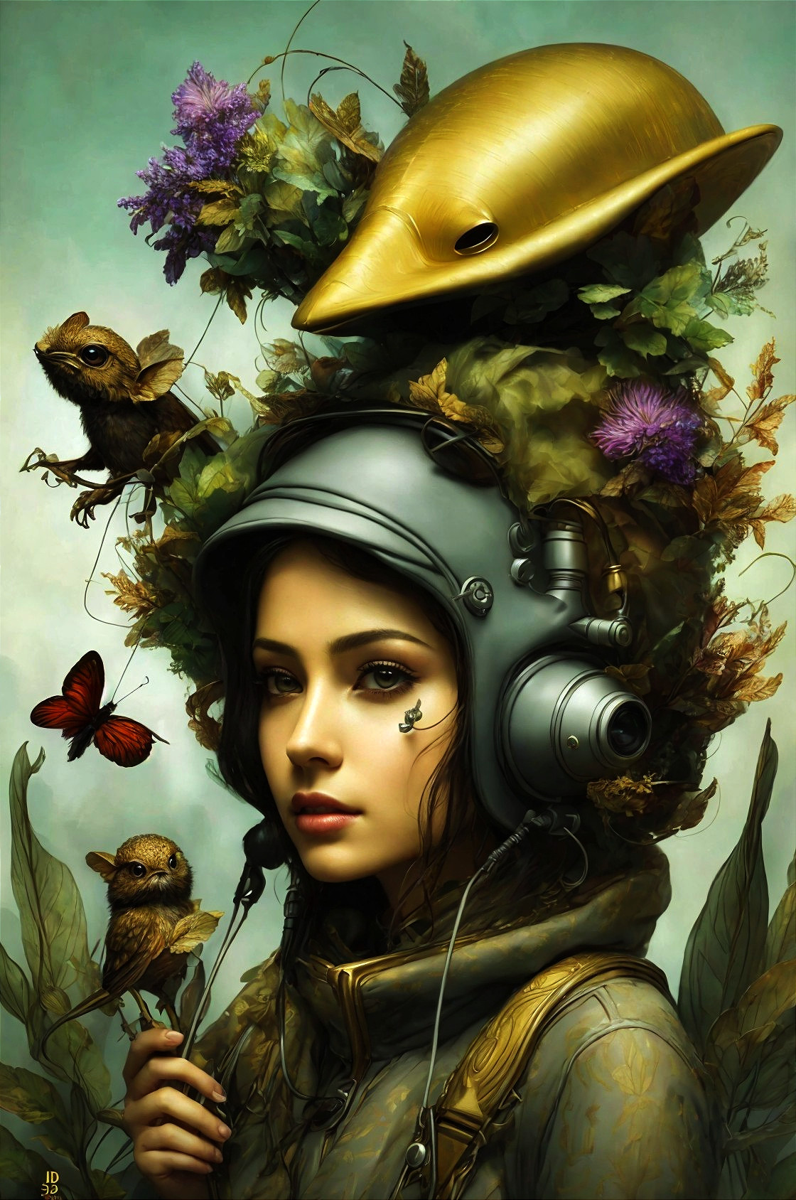 Woman Surrounded by Foliage and Small Animals