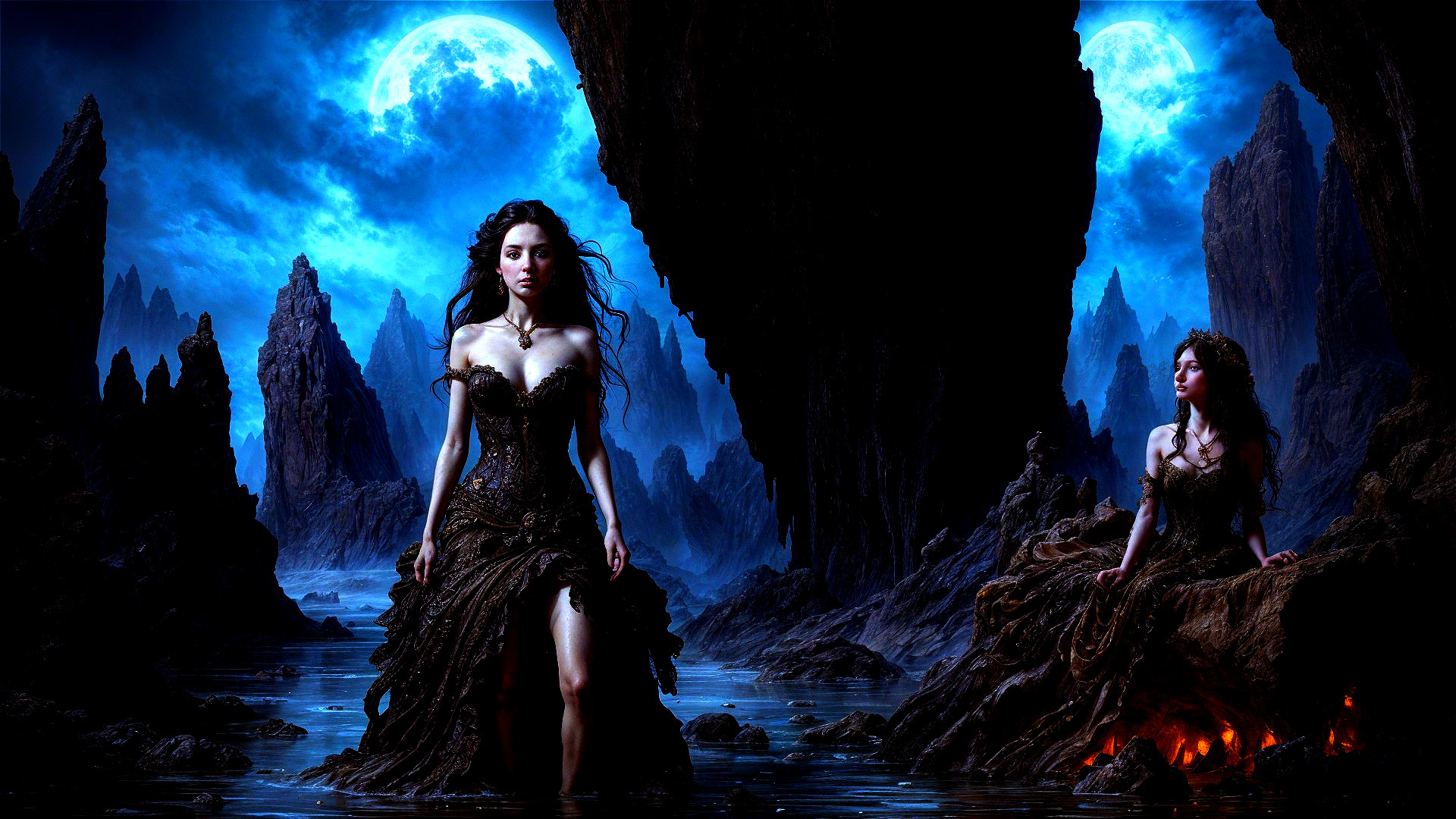 Ethereal Figures in a Mystical Landscape at Night