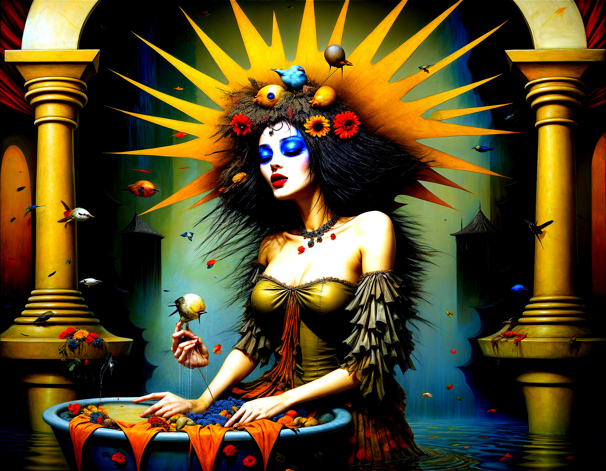 Mystical Woman Surrounded by Nature and Colorful Fruits