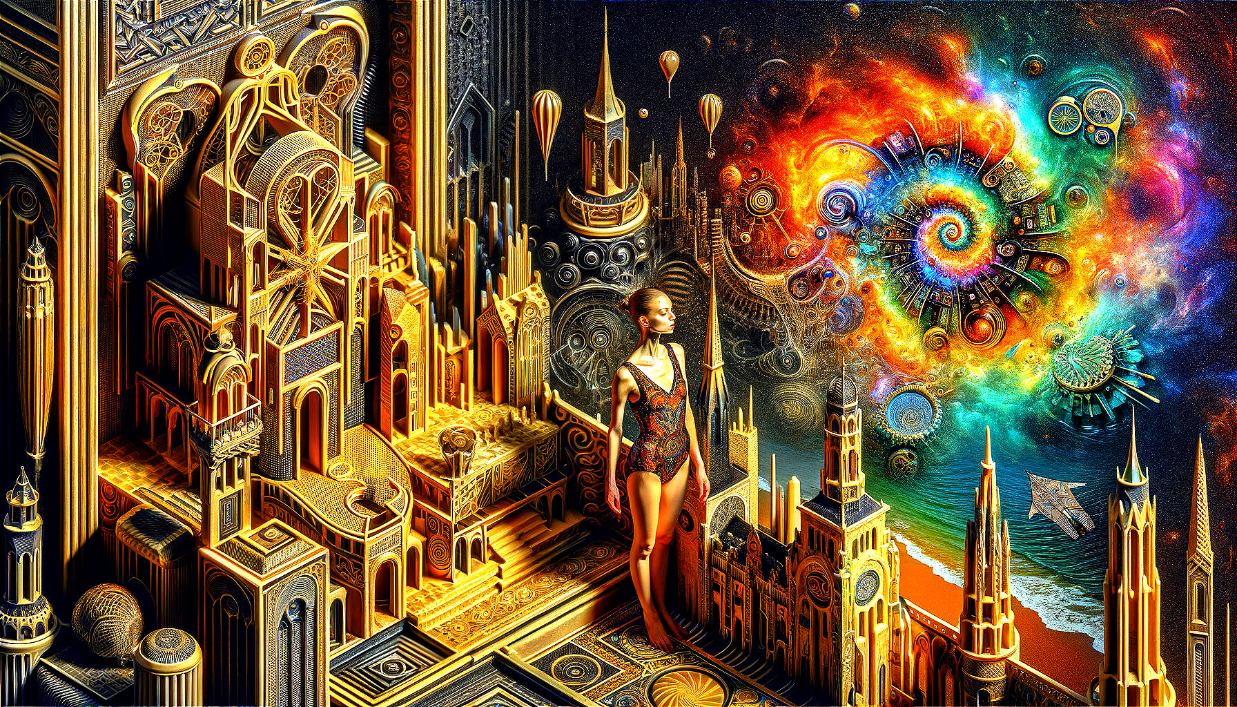 Surreal Cityscape with Golden Architecture and Balloons