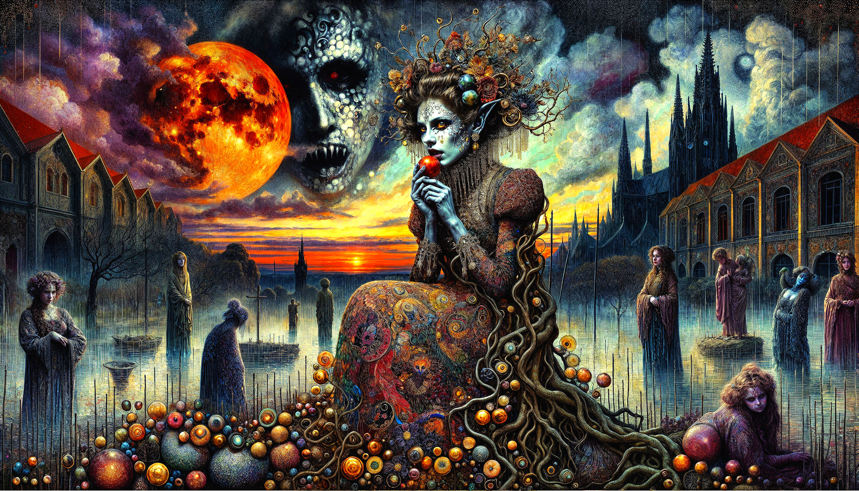 Surreal Dusk Scene with Woman and Gothic Cityscape