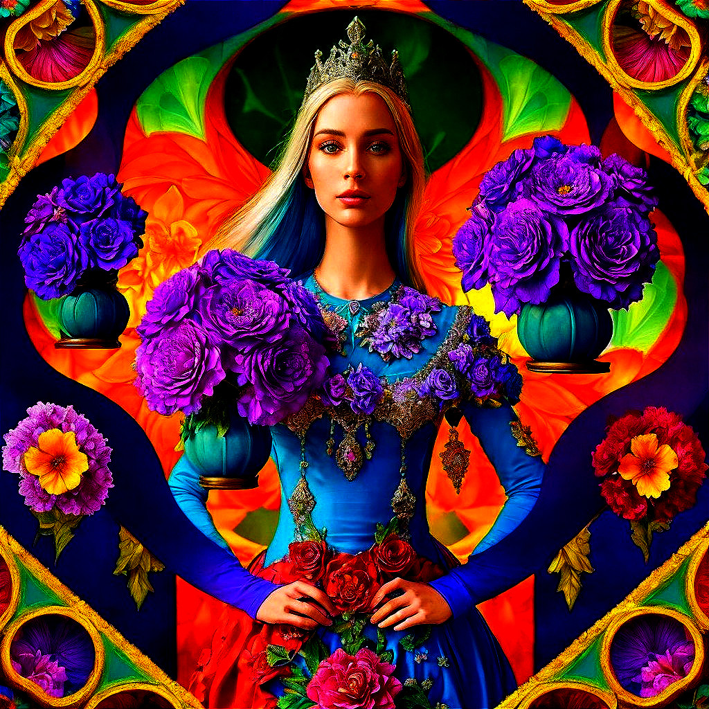 Vibrant Figure in Blue Gown Surrounded by Flowers