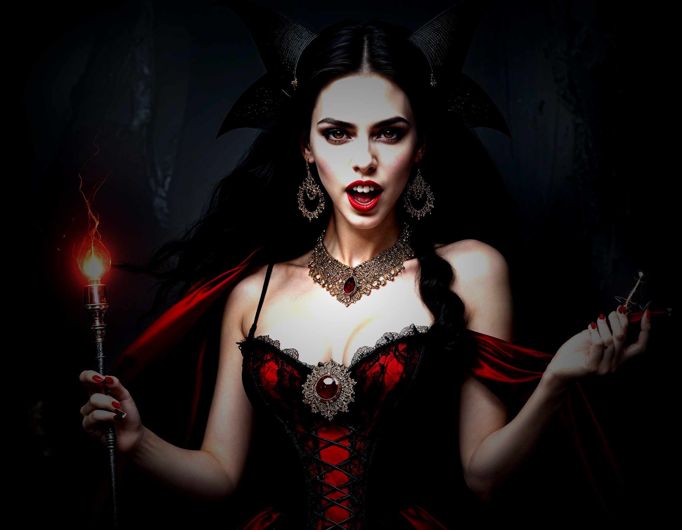 Gothic Figure in Red and Black Gown with Torch