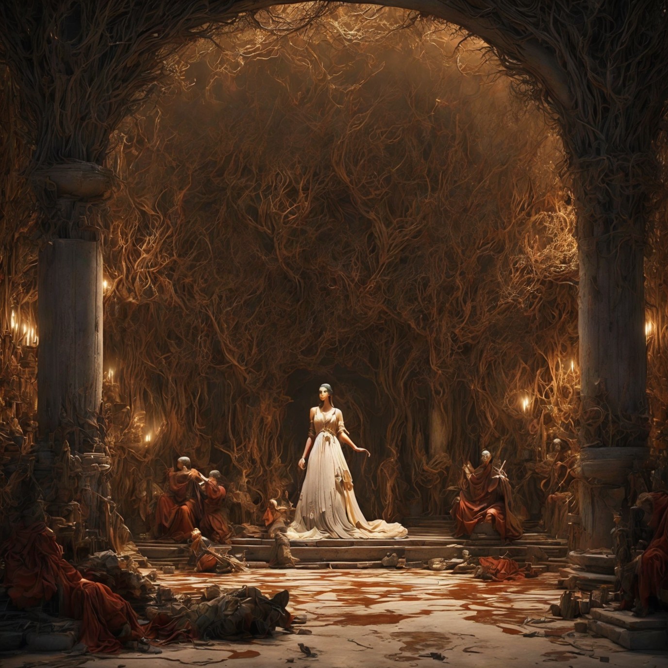 Mystical Scene of Woman in White Surrounded by Red Robes