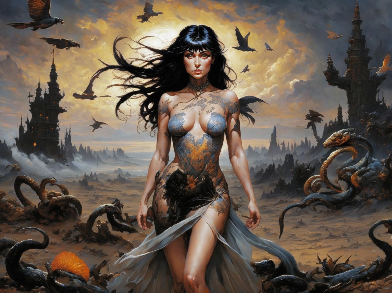 Fantasy artwork of woman in dramatic scene with flying creatures and castle.