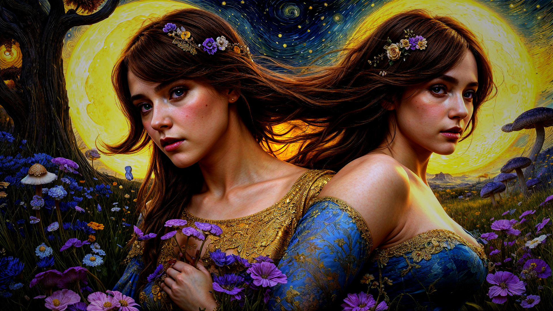 Ethereal Women Embraced in Fantastical Landscape