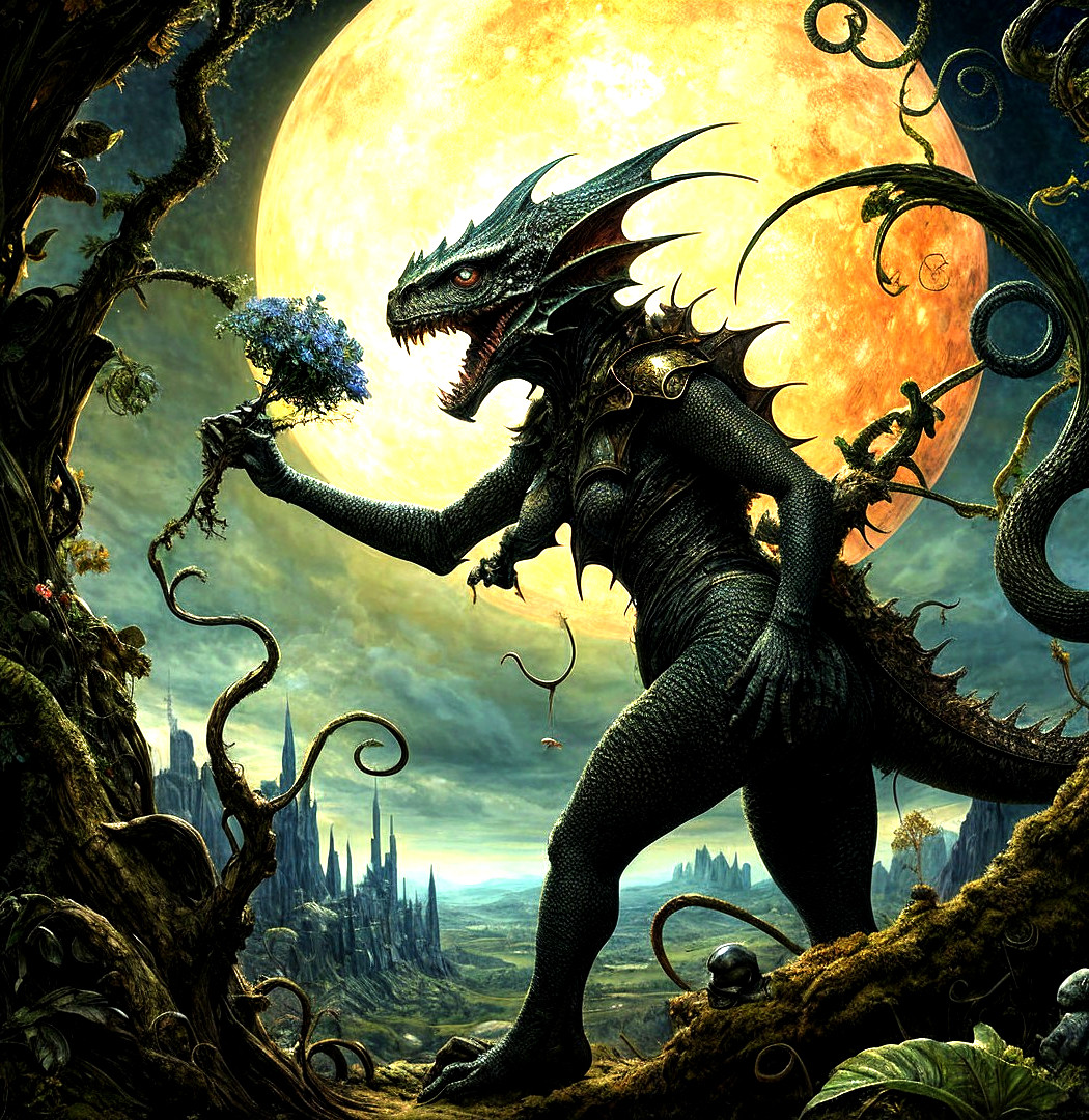 Mystical Creature in Moonlit Fantasy Landscape