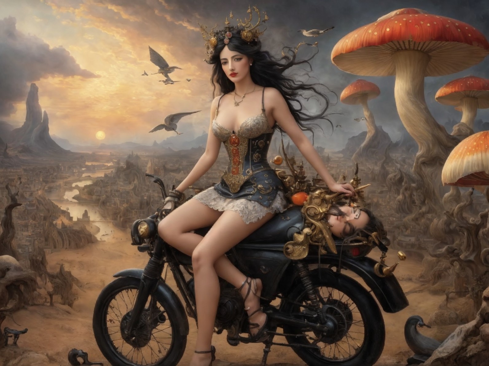 Woman in ornate clothing on classical motorcycle surrounded by oversized mushrooms and surreal landscapes