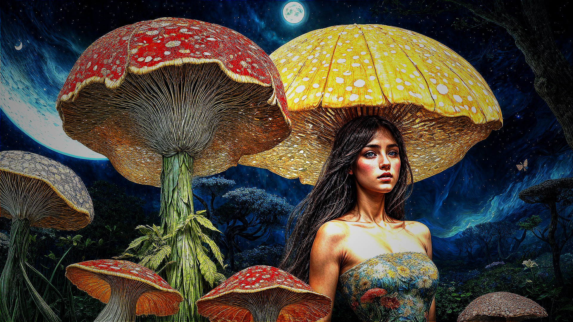 Surreal Forest with Giant Mushrooms and Two Moons