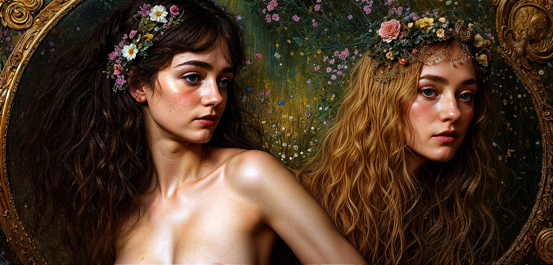 Ethereal Women with Floral Crowns in Lush Setting