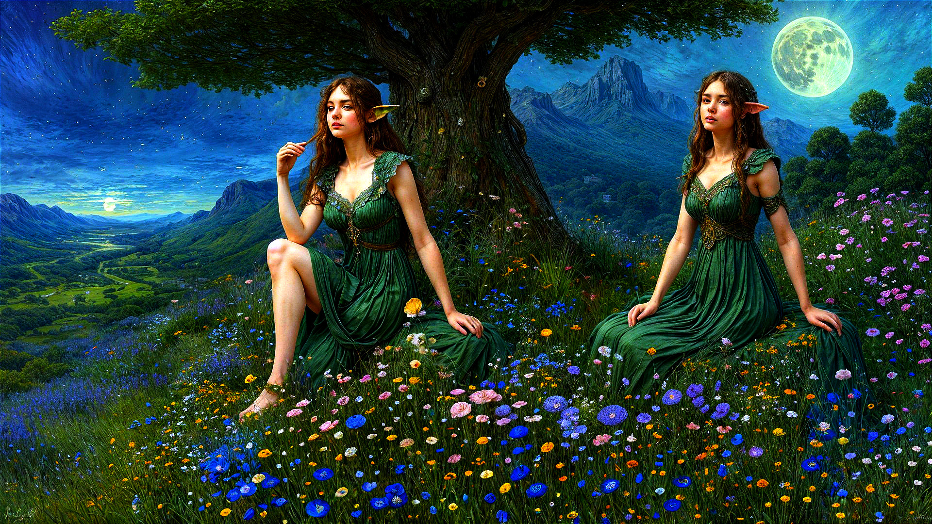 Ethereal Figures in a Magical Wildflower Landscape