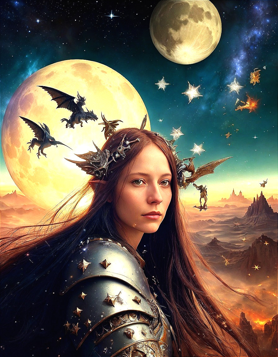 Fierce Female Warrior in Mystical Moonlit Landscape