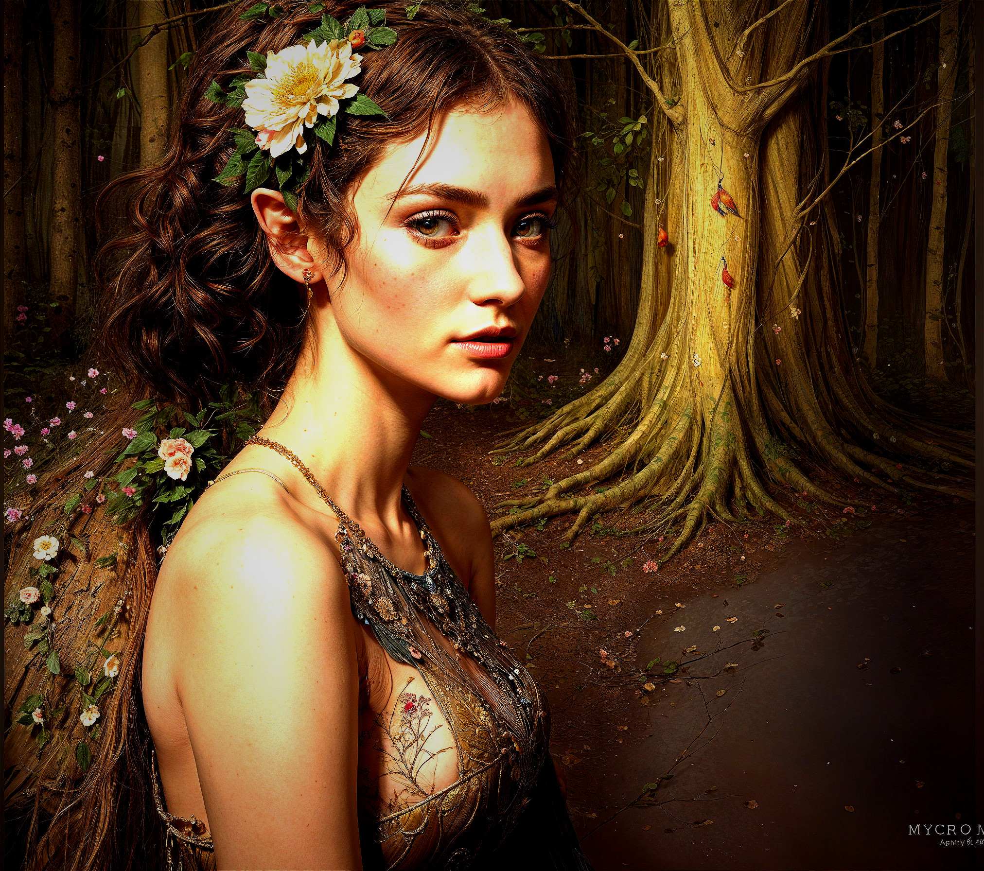 Young woman in floral dress in mystical forest setting