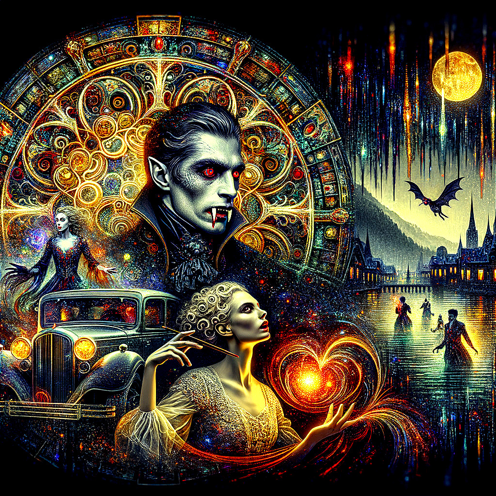 Gothic Design with Vintage Car and Mystical Figures