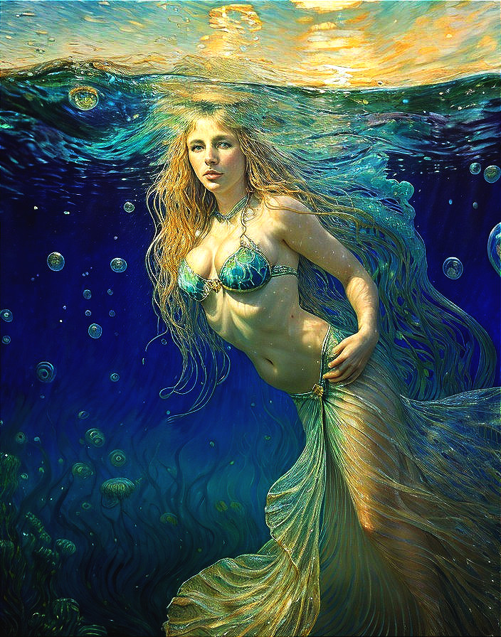 Mystical Underwater Scene with a Mermaid and Bubbles