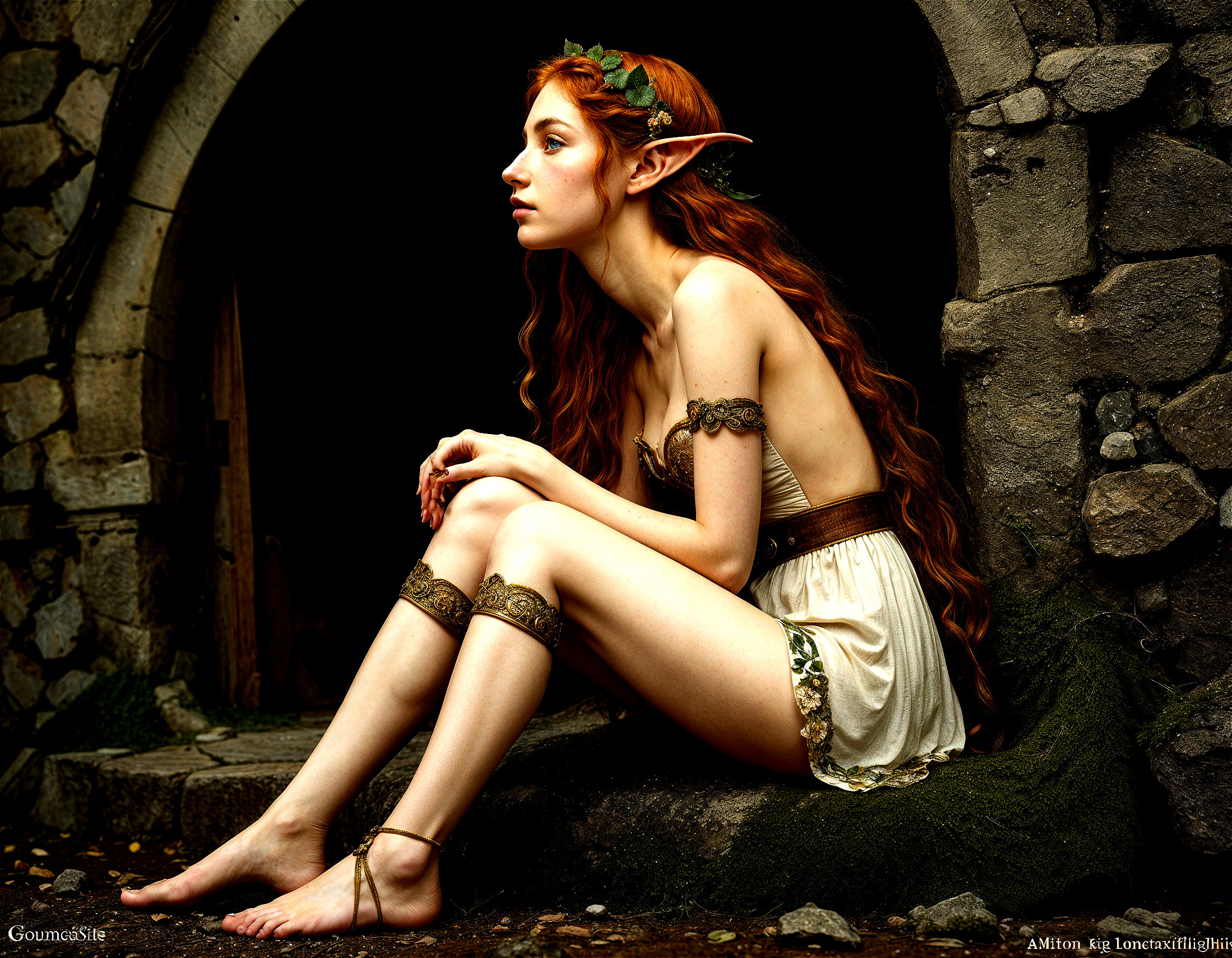 Serene Elf with Red Hair Against Stone Wall