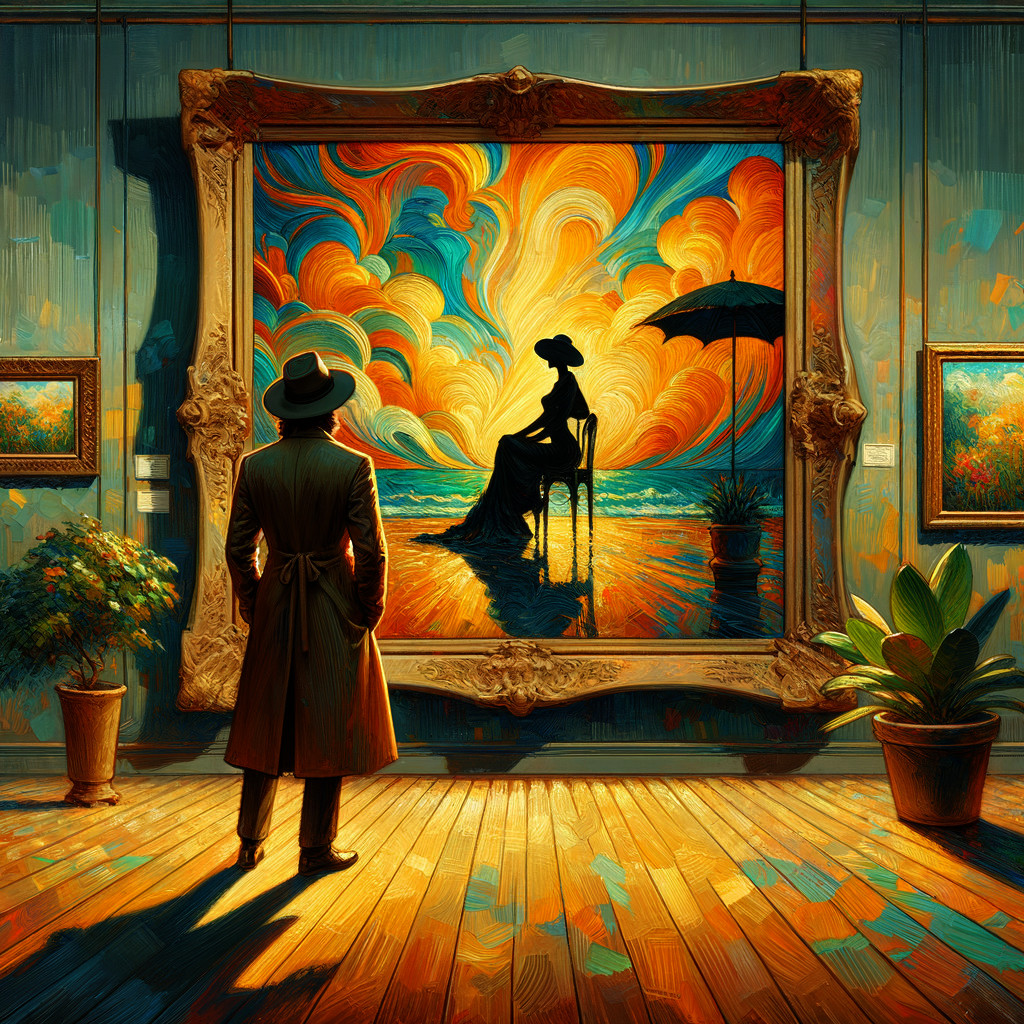 Trench Coat Figure Observing Vibrant Sunset Painting