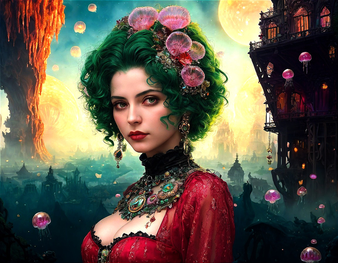 Gothic Fantasy: Enchanting Green-Haired Woman