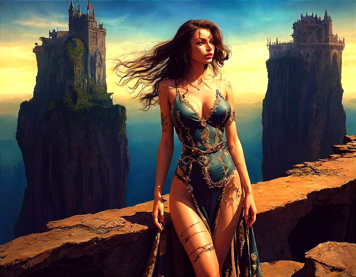 Fantasy Scene with Woman Overlooking Majestic Castles