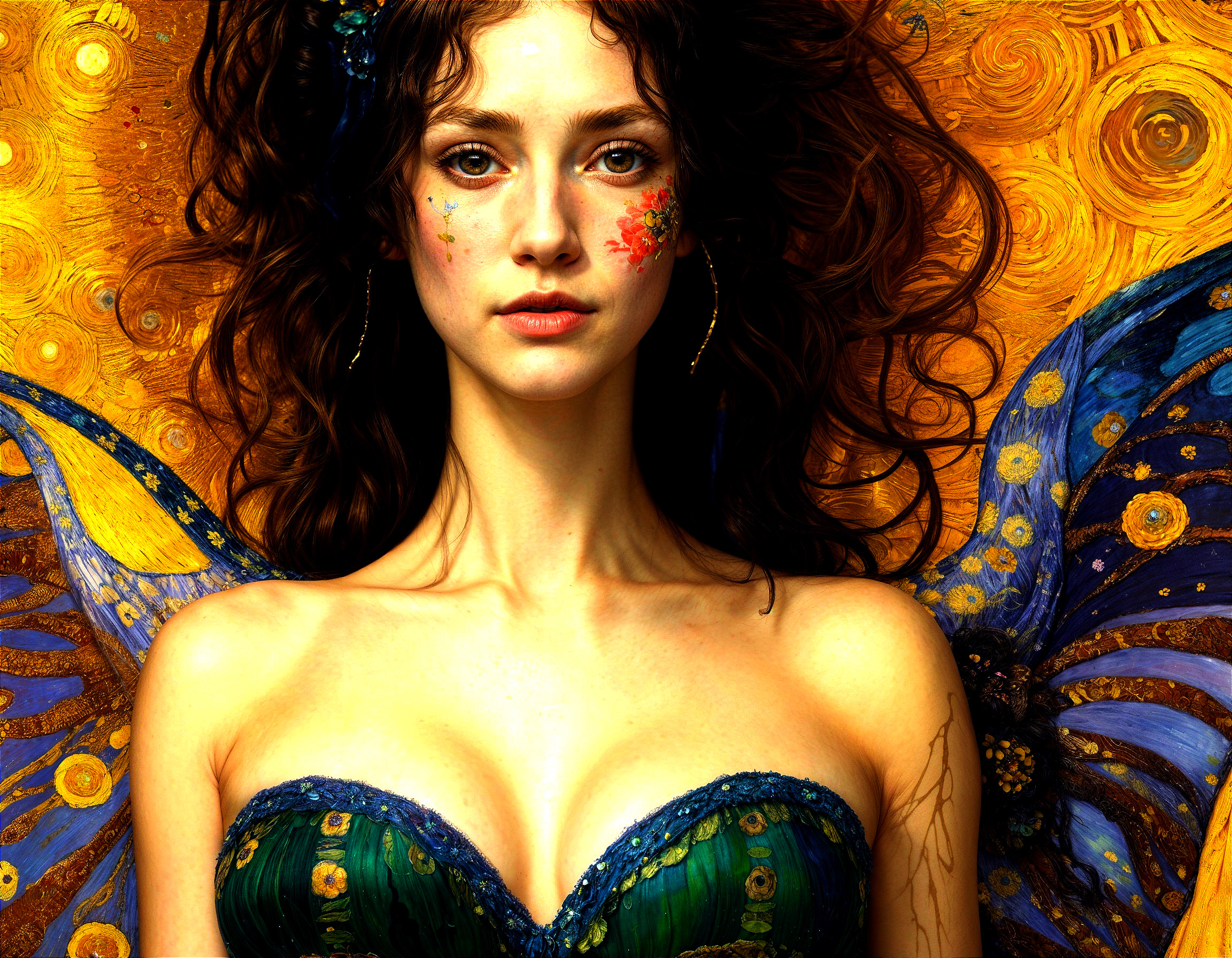 Portrait of a woman with butterfly wings and floral paint