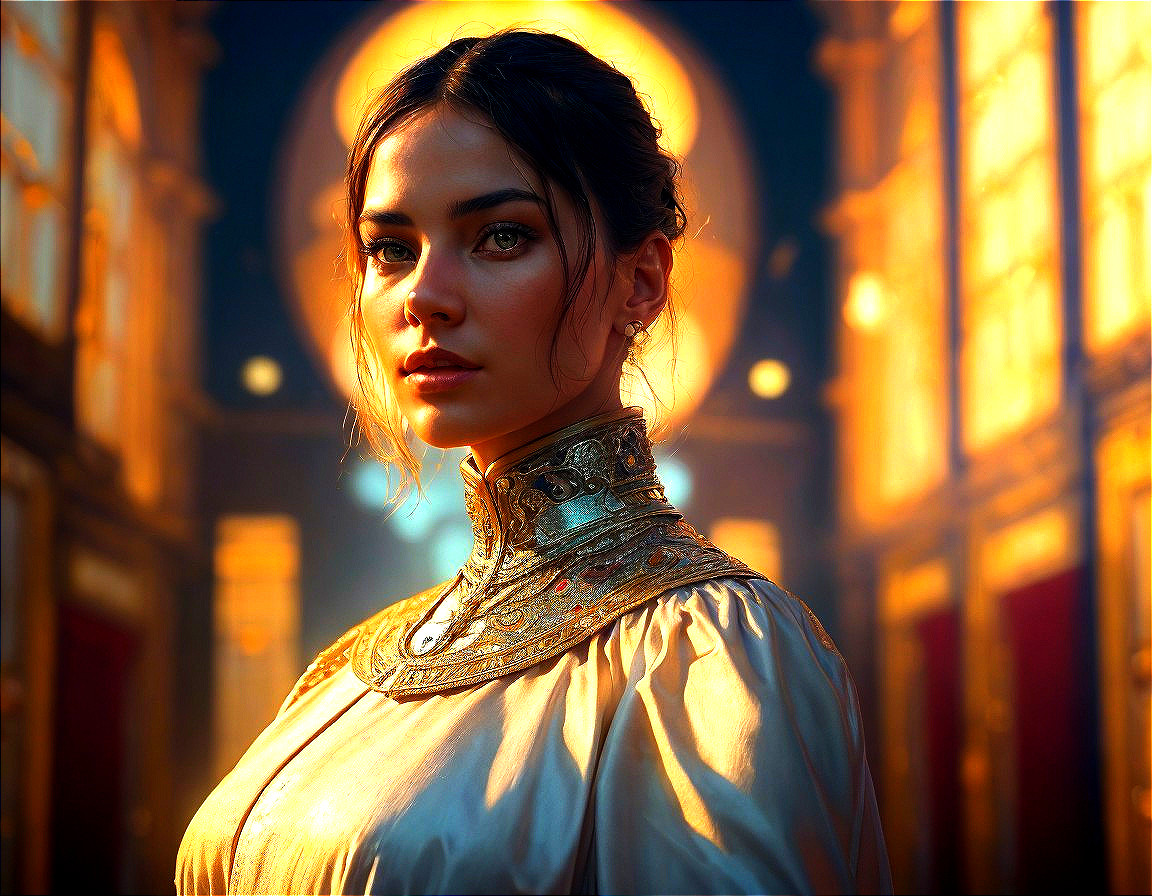 Young woman in ornate dress with regal architecture