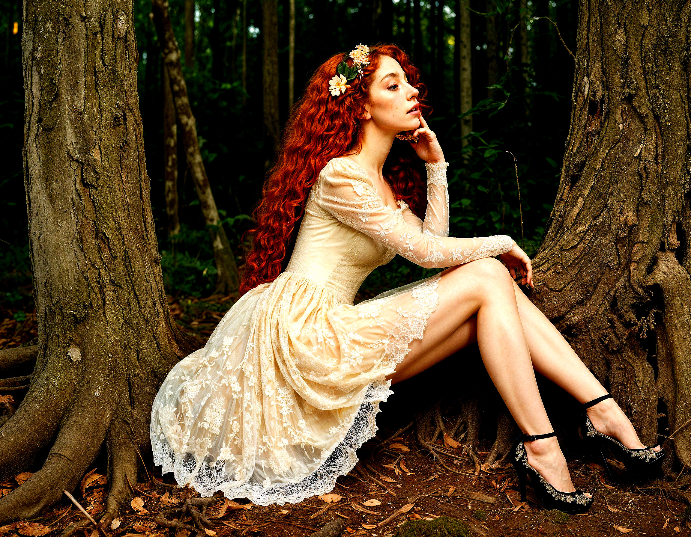 Young woman in cream dress seated by tree in forest