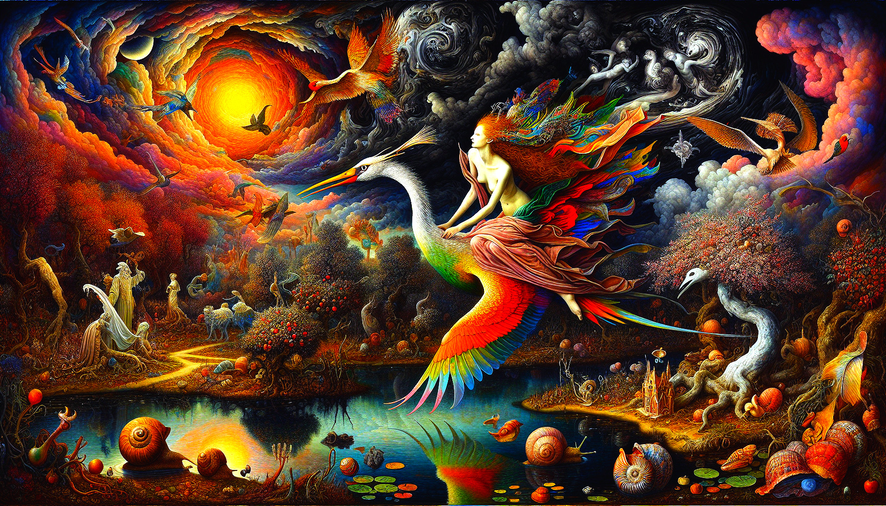 Surreal Landscape with Colorful Hair and Majestic Bird