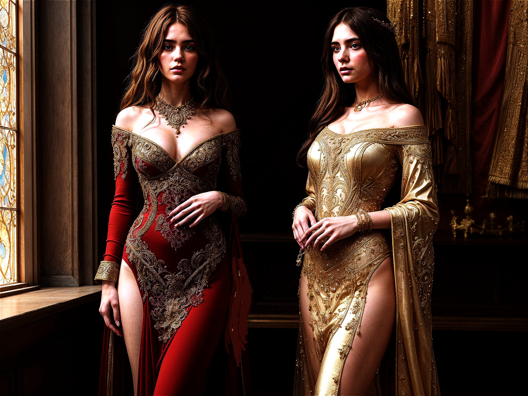 Elegant Women in Stunning Gowns Against Ornate Backdrop