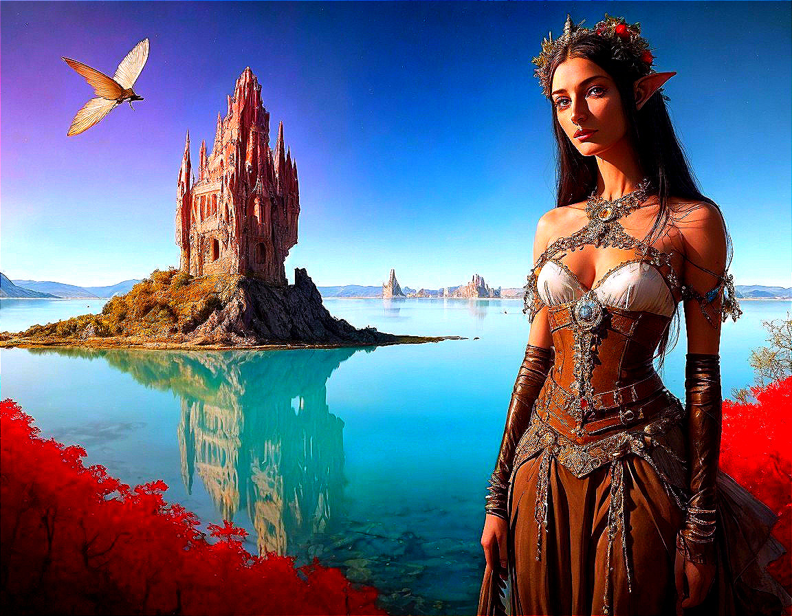 Serene Fantasy Landscape with Elven Woman and Castle