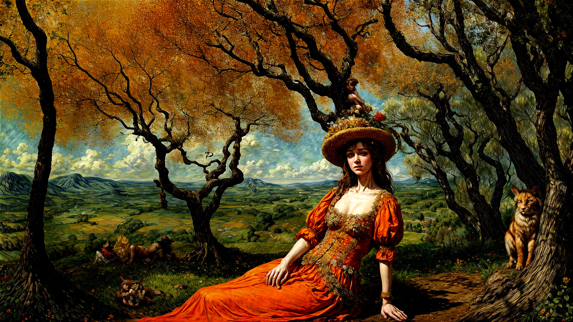 Serene landscape with woman in orange gown and lion