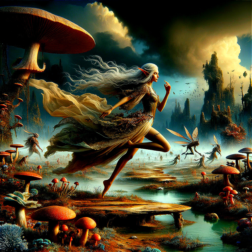 Fantastical Landscape with Woman and Ethereal Fairies