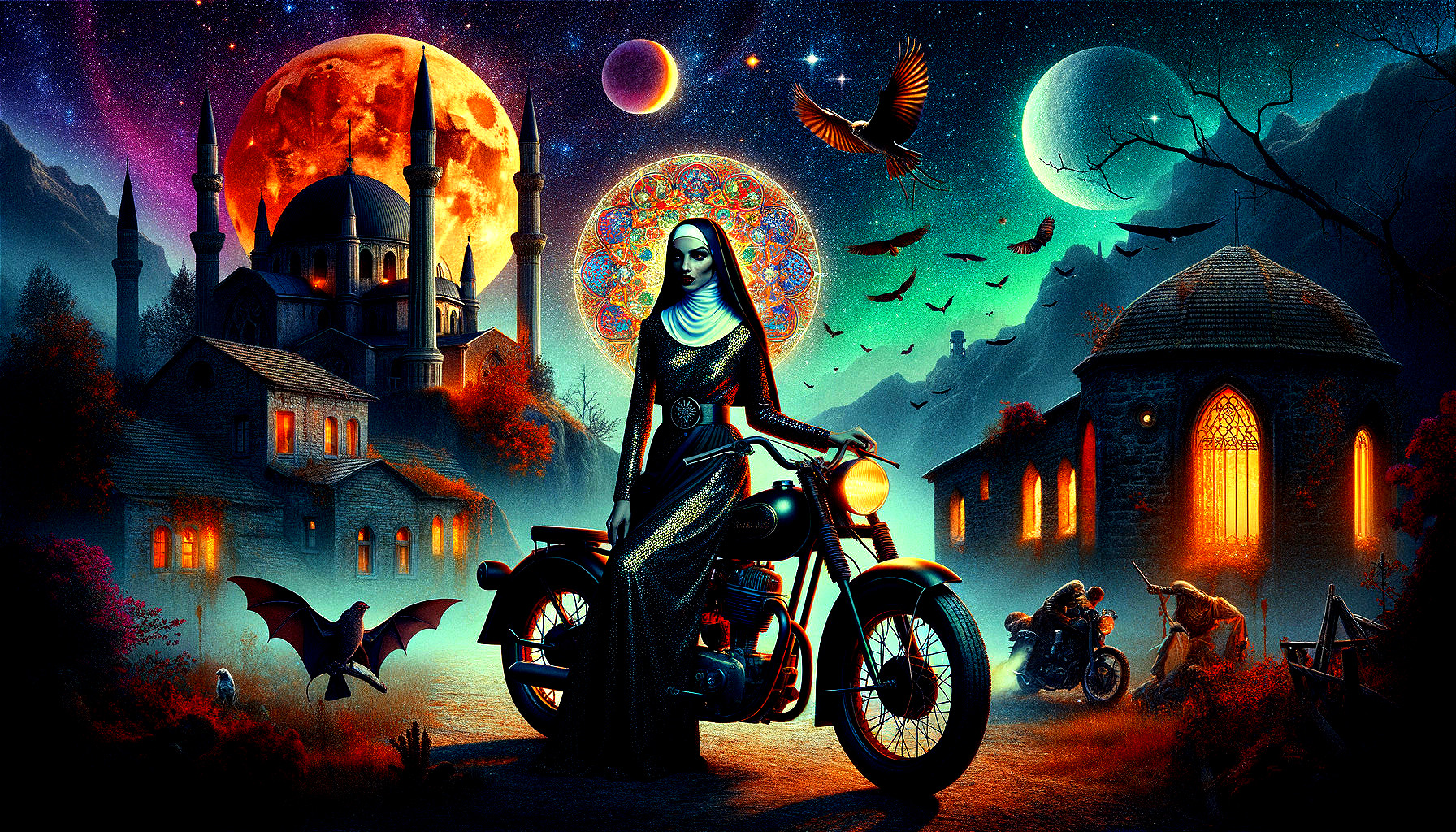 Surreal Landscape with Mysterious Woman on Motorcycle