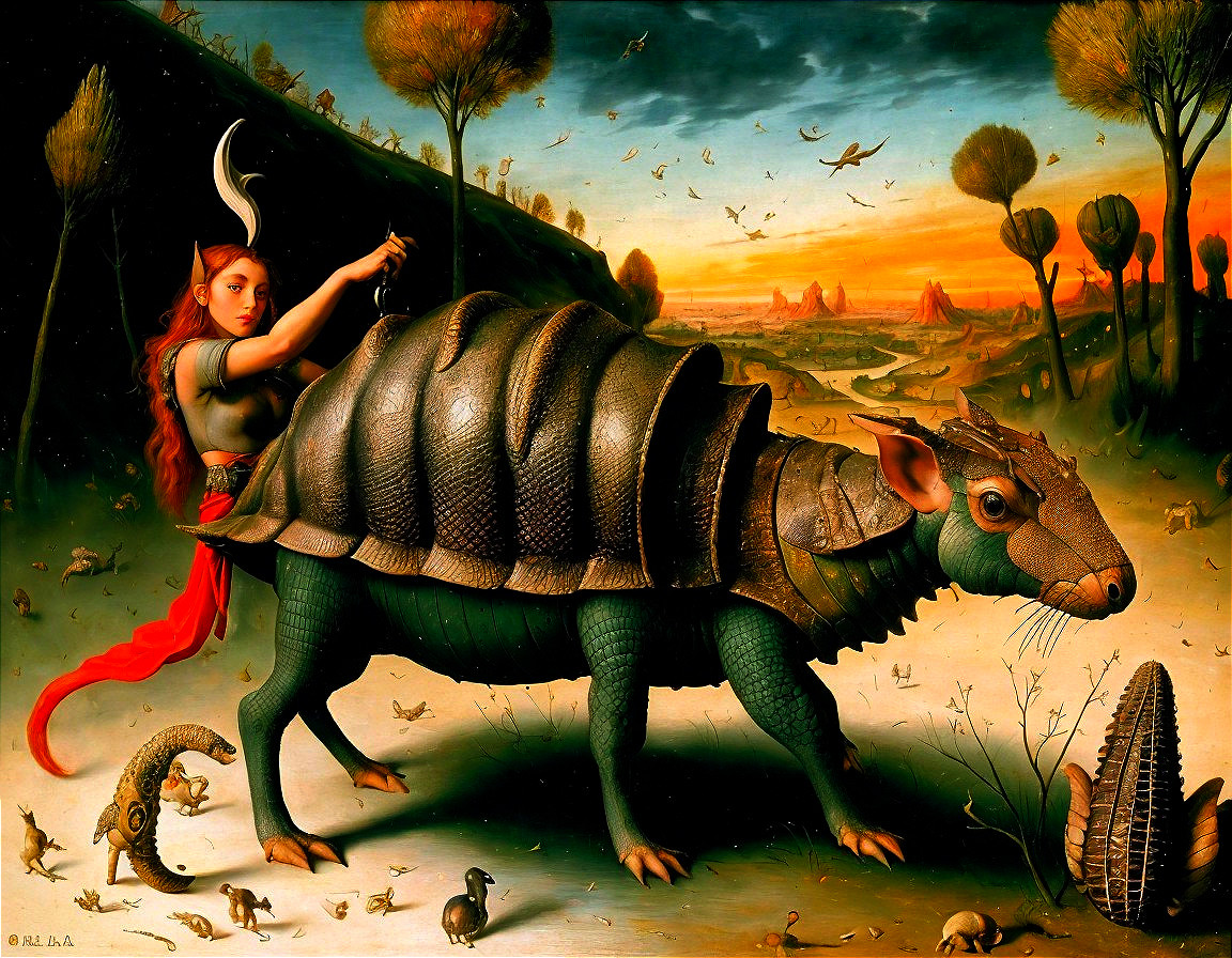 Young girl with horns on armored turtle in fantasy landscape