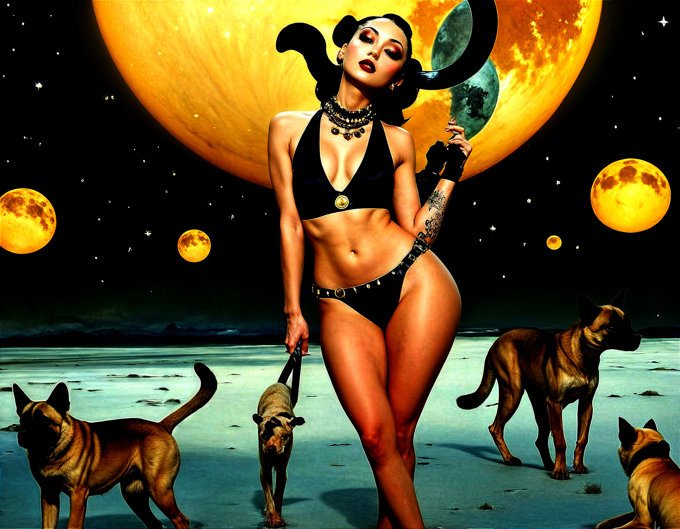 Confident Figure in Black Bikini Against Cosmic Backdrop