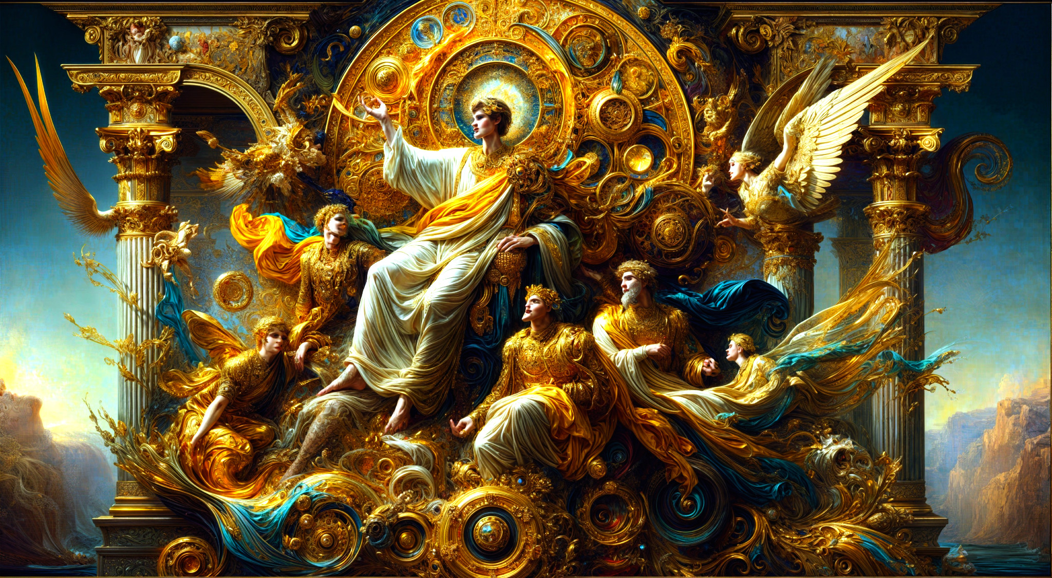 Celestial Scene with Regal Figure and Ethereal Beings