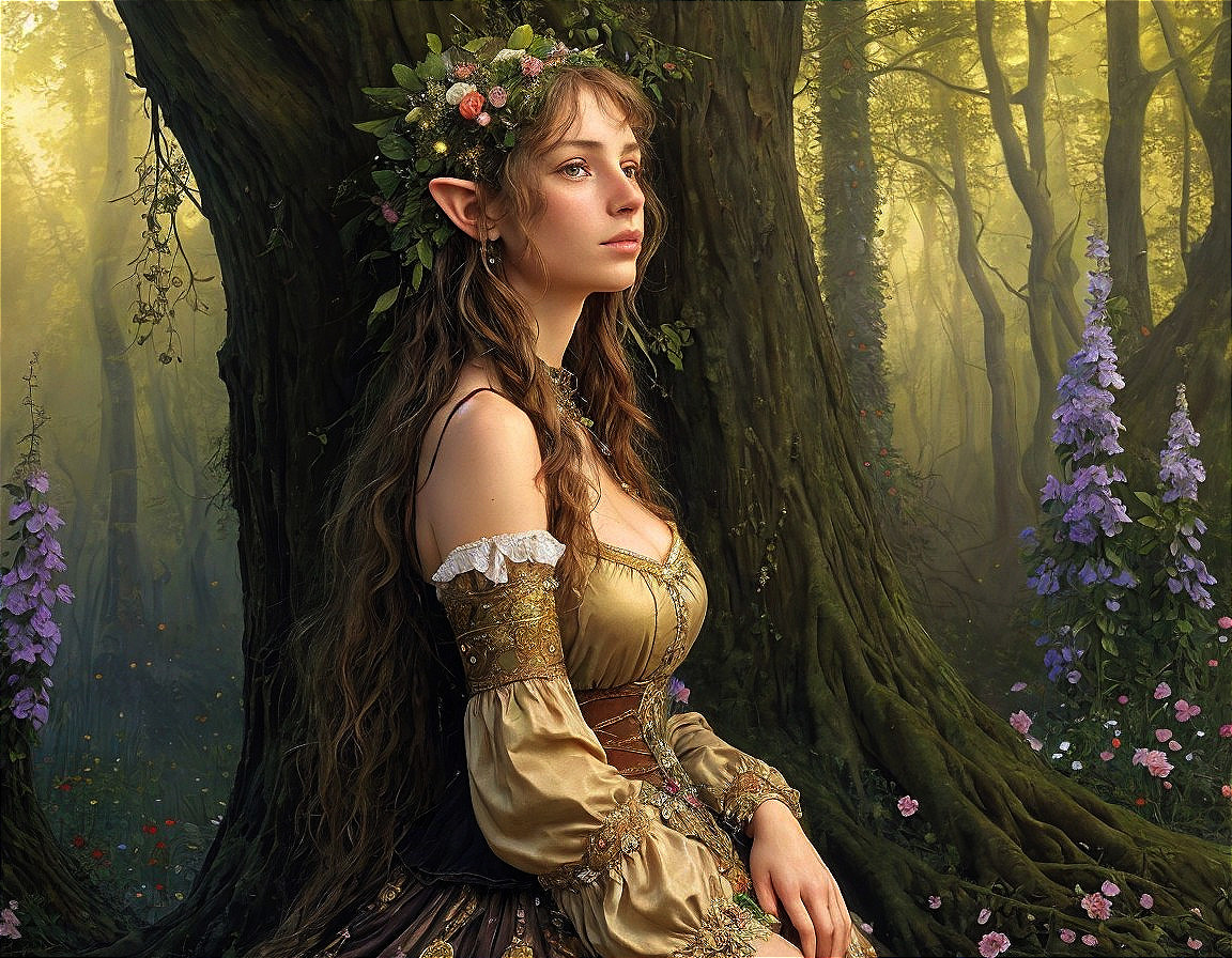 Serene Maiden in Enchanted Forest with Flowers