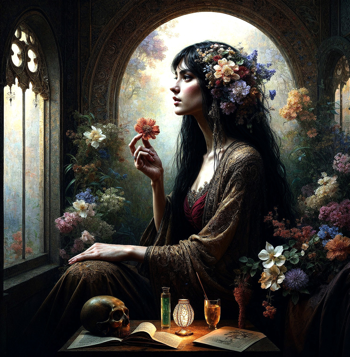 Serene Woman in Ornate Room with Flowers and Skull